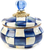 MACKENZIE-CHILDS Enamel Squashed Pot, Cute Enameled Container with Lid, 20 Ounces, Blue-and-White Royal Check