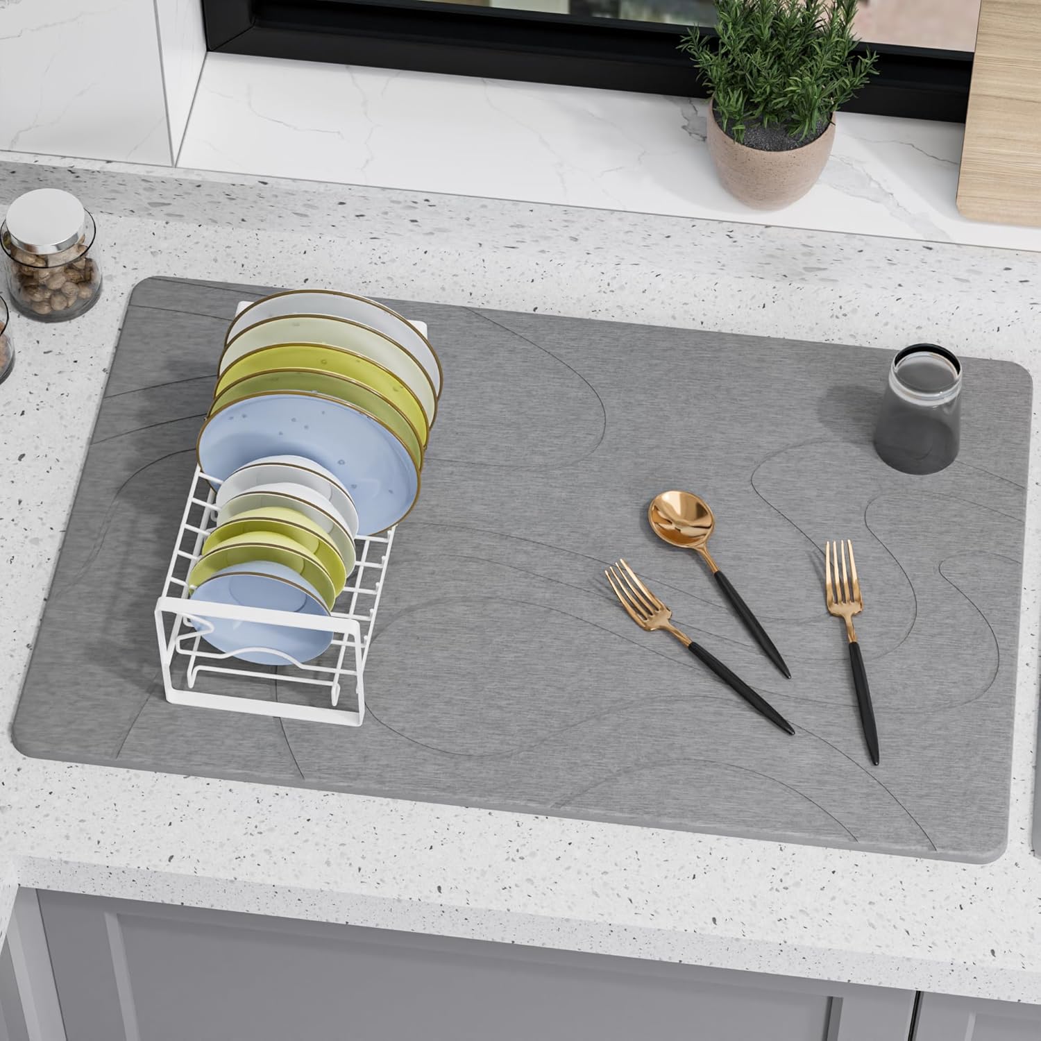 Large Stone Drying Mat for Kitchen Counter, 24" × 16" Diatomite Dish Drying Mat, Quick Dry Stone Mats, Ultra Absorbent Natural Diatomaceous Earth Mats for Dished, Bottles, Dark Grey