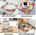 Rubber Dish Drying Mat for Kitchen Counter Large Boho Flowers Washable Quick Home Coffee Pad Fit Under Sink,Bar,Utensils 16x18in