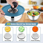 E-far Stainless Steel Mixing Bowls with Lids Set, 5-Piece Nesting Salad Bowls with 3 Grater Attachments and Non-Slip Bottoms, Size 4.6, 2.6, 2, 1.5, 1QT for Kitchen (Blue)