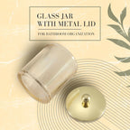 Glass Jar with Metal Lid for Bathroom Organization, Clear Apothecary Jar for Cotton Balls, Q Tips, and Small Accessories, Stylish Bathroom Storage Container Tan, Gold