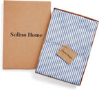 Solino Home 100% Pure Linen Apron for Women & Men - Navy and White Stripe Full Midi Bib Apron, Adjustable Neck Strap with Center Pockets for Kitchen, Chef - Handcrafted from European Flax