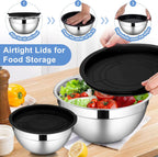 LIANYU Stainless Steel Mixing Bowls with Lids Set, Kitchen Nesting Metal Bowl Set of 6, Ideal for Salad Baking Cooking Serving Food Storage, Size 7, 3.5, 2.5, 2, 1.5, 1QT, Dishwasher Safe, Black