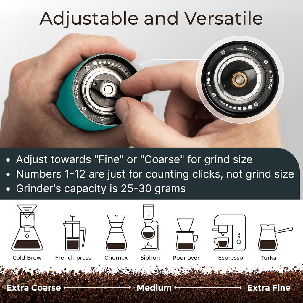 Manual Coffee Grinder by Alpaca Ventures - Stainless Steel Conical Burr Coffee Grinder Manual with Adjustable Setting Double Bearing Hand Espresso Grinder Perfect for Home, Office and Camping