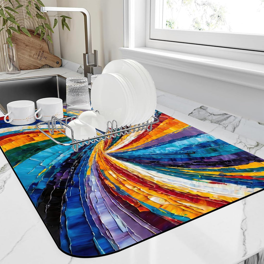 Kitchen Mat Swirl Colorful Textured Dish Drying Mat 16"x24" Bsorbent Coffee Maker Mat for Sink Dishes or Under Rack Kitchen Counter Accessories Absorbent Hide Stain Rubber Backed Dish Drying Pad