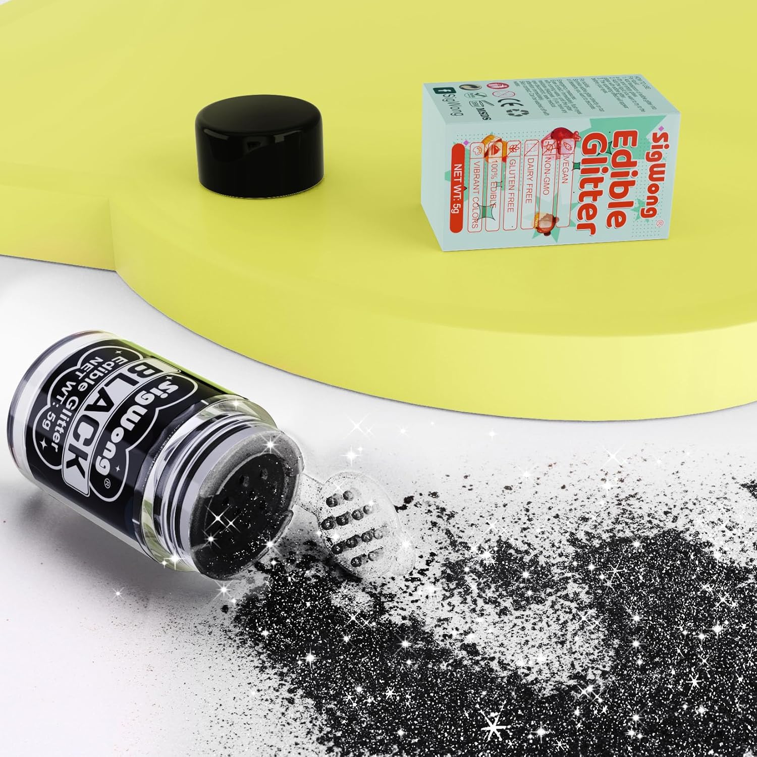 Black Edible Glitter - 5g Food Grade Cake Decorating Shimmering Glitter, Edible Sprinkle Luster Dust for Drinks, Chocolates, Fondant, Strawberries, Cupcakes, Candy, Cookie - Vegan