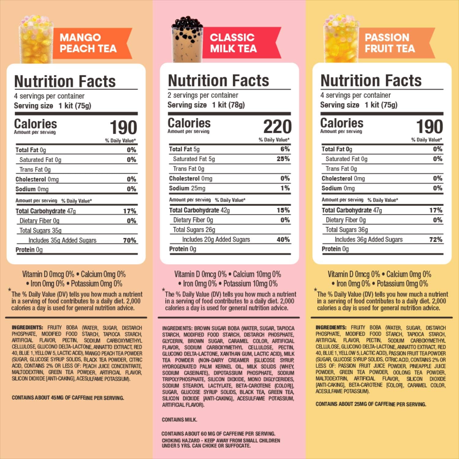 Boba Bundle Kit 10 Serv. Instant Bubble Pearl Variety Milk Tea Kit with Authentic Brown Sugar Tapioca Pearls by Yulu Foods - Ready in Under 1 Minute, Includes Paper Straws - Gift Box, Holiday (Classic, Mango Peach, Passionfruit)