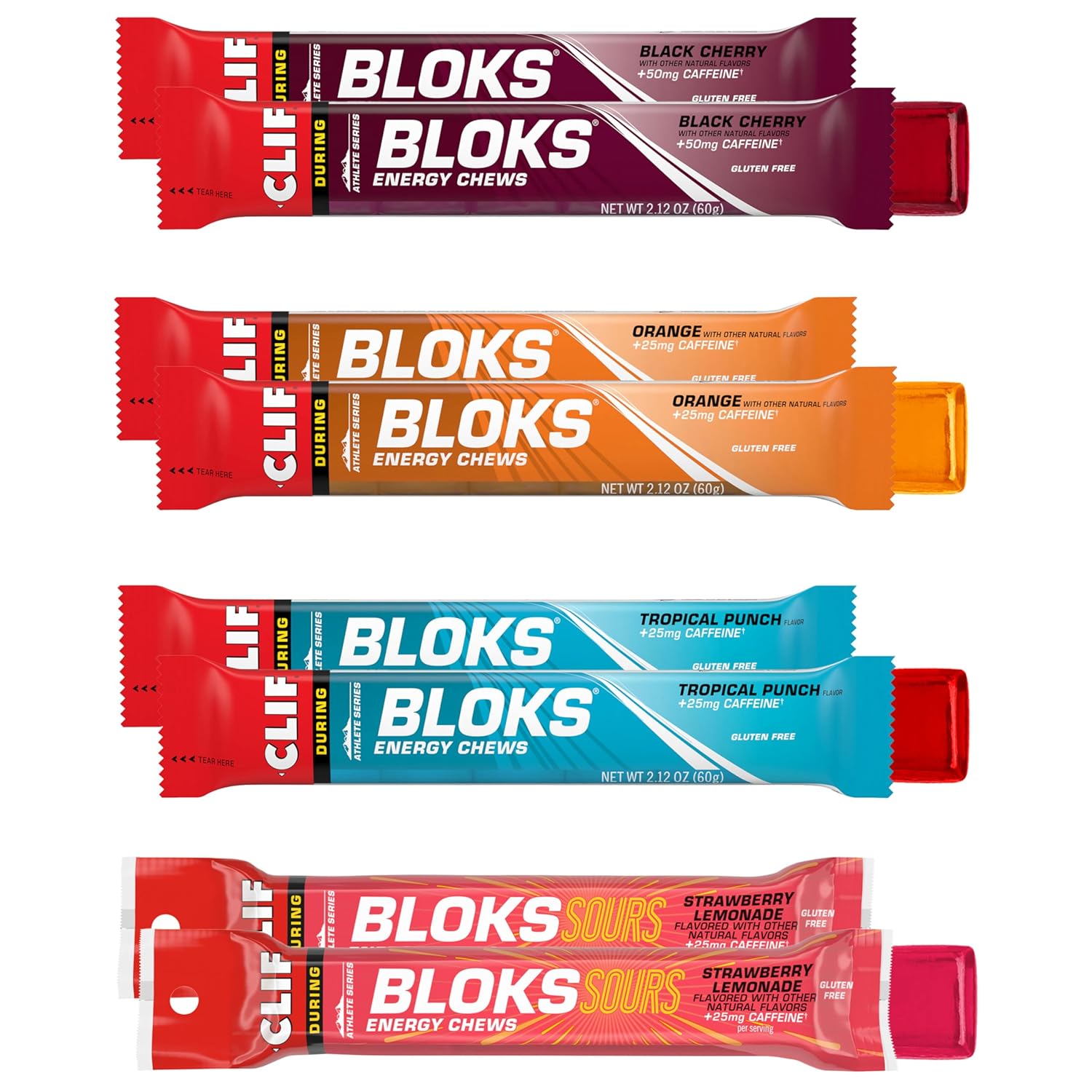 CLIF BLOKS - Energy Chews with Caffeine - Variety Pack - Non-GMO - Plant Based - Fast Fuel for Cycling and Running - Quick Carbohydrates and Electrolytes - 2.12 oz. Packets (8 Count)