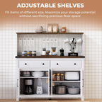 Hutch Storage Cabinet Buffet with Drawers, and Charging Station, Coffee Bar Cabinet with Barn Doors, Wine Rack and Hooks, Countertop, Long Farmhouse, White, for Kitchen, Dining Room, 54.1" High