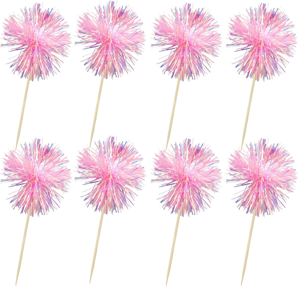 Ephlyn 30Pcs Foil Firework Cupcake Toppers Sparkle Tinsel Cupcake Picks Happy Birthday Cake Toppers Drink Cocktail Food Fruit Toothpicks for Baby Shower Birthday Party Supplies Pink