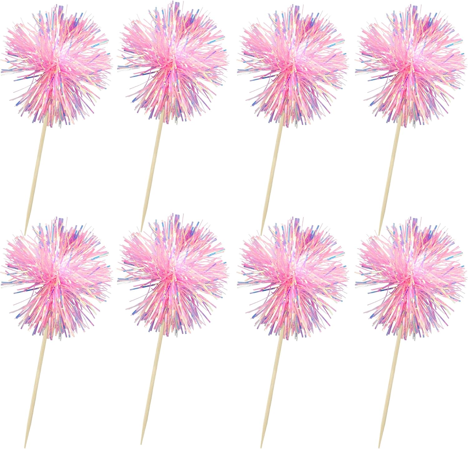 Ephlyn 30Pcs Foil Firework Cupcake Toppers Sparkle Tinsel Cupcake Picks Happy Birthday Cake Toppers Drink Cocktail Food Fruit Toothpicks for Baby Shower Birthday Party Supplies Pink