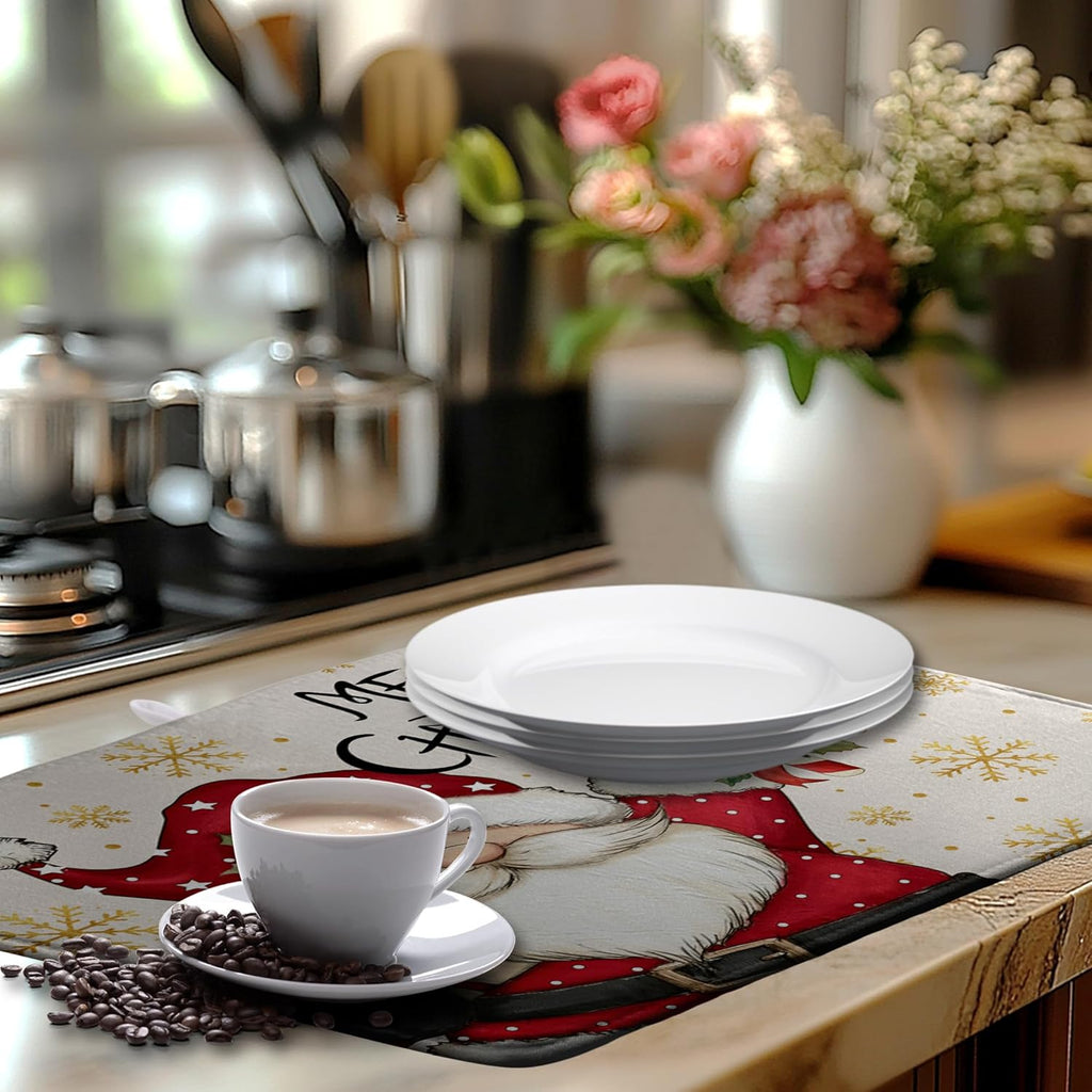 Christmas Santa Themed Dish Drying Mat Winter 18x24 Inch Large Size Drying Pad for Kitchen Counter Snowflake Dish Dry Mats Microfiber Absorbent Kitchen Decor Merry Christmas Coffee Bar Pad