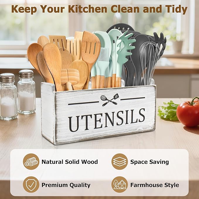 RedCall Wooden Kitchen Utensil Holder for Counter-top,Large Utensil Organizer for Storage Cooking Tool and Silverware,Extra Large Rustic Wood Container (Antique)