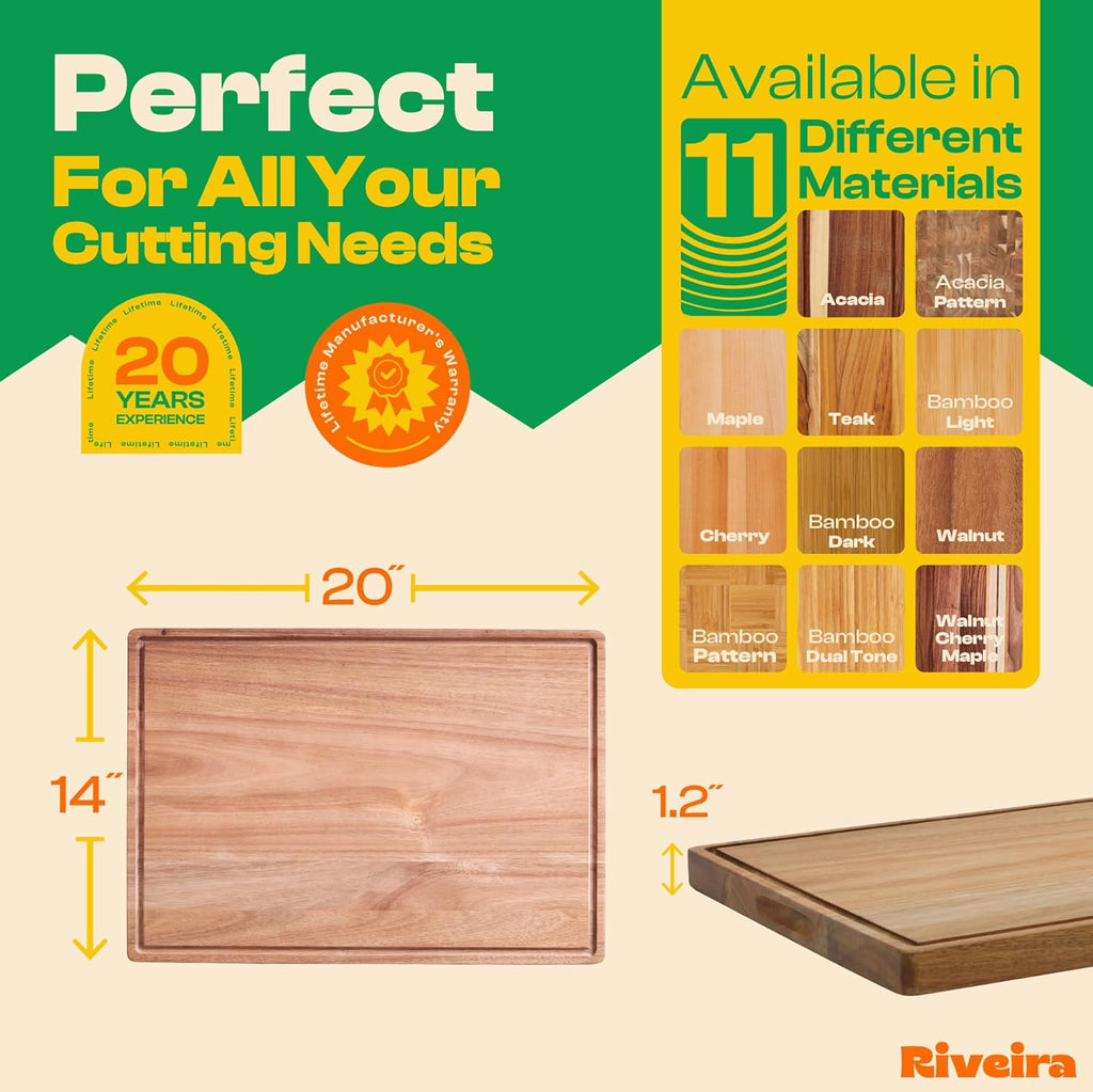 Riveira Acacia Wood Cutting Board – Gourmet Acacia Grandeur: 20 x 14 Wooden Cutting Board – Natural Wooden Cutting Boards For Kitchen Decorative – Innovative Juice Grooves Acacia Wooden Chopping Board