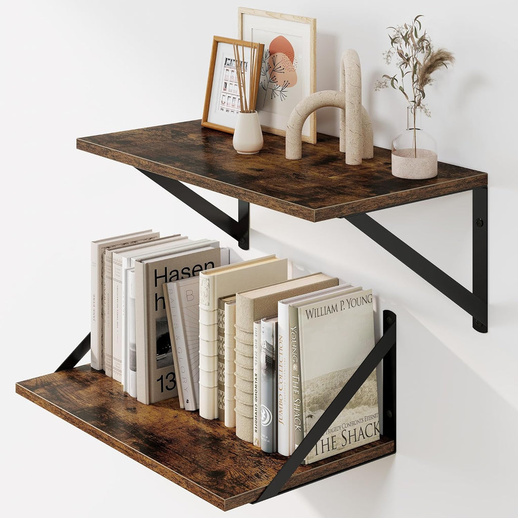 Heimlove Deep Floating Shelves for Wall, 16W x 8D Wood Wall Shelves Set of 2, Wide Floating Bookshelf for Living Room, Kitchen, Office, Bedroom and Decor Storage, with Metal Bracket - Rustic Brown