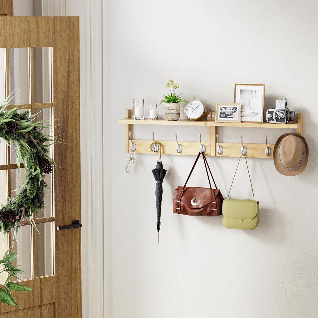 Coat Rack with Shelf, 2 Pack Bamboo Wall-Mounted Coat Hanger with 8 Hooks for Entryway, Hallway, Kitchen, Bathroom, Living Room, Utility Room (Natural)