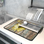 Rustic Daisy Dish Drying Mat for Kitchen Countertop 18x24 inch Yellow Sunflowers on Wooden Board Dish Drainer Mats Fast Drying Country Vintage Style Shabby Chic Flower Dish Drying Pad Decor Large