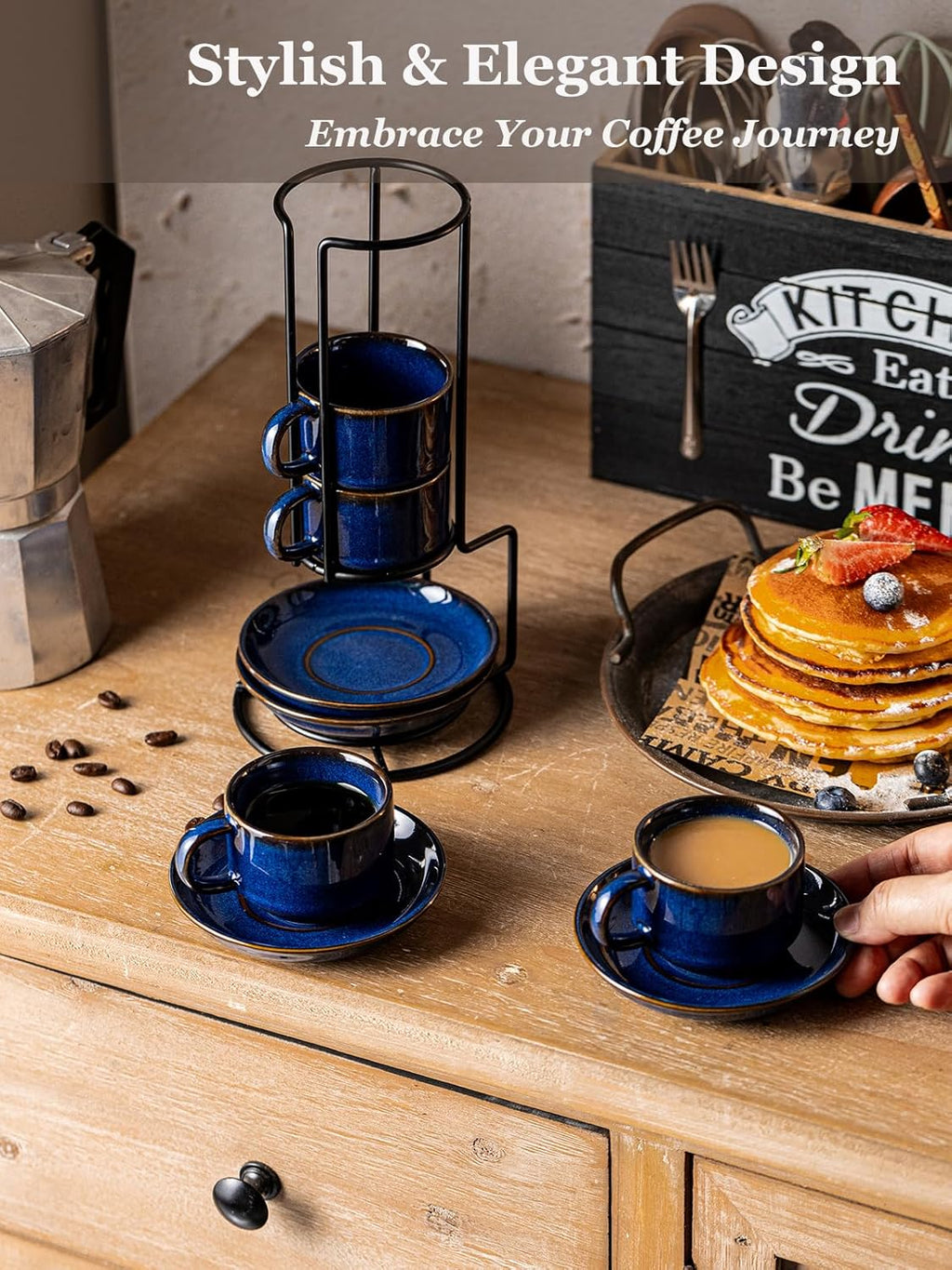 Gomakren 2.5 Ounce Espresso Cups Set of 4, Small Stackable Coffee Cups with Saucers and Metal Stand, Porcelain Demitasse Cups for Specialty Coffee Drinks, Espresso, Cappuccino, Latte, Tea, Cobalt Blue