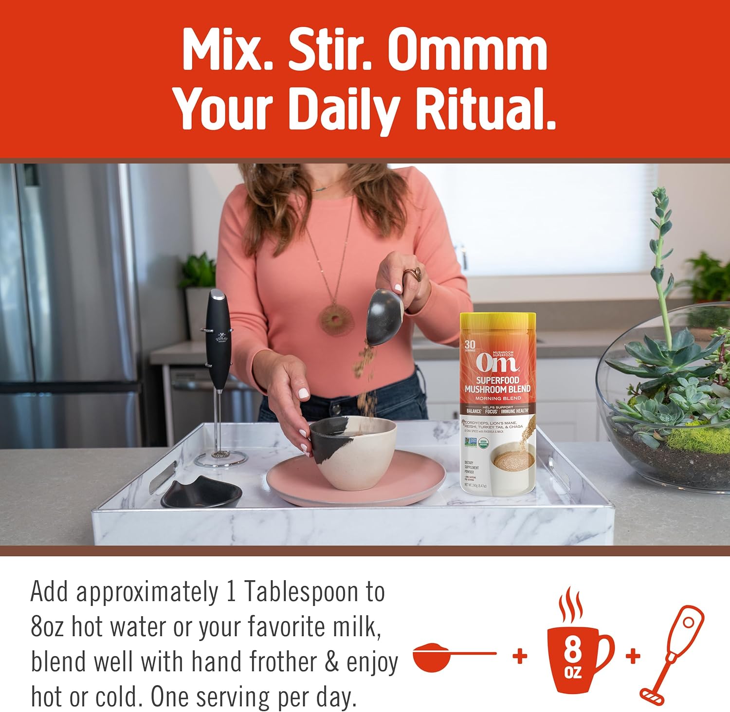 OM MUSHROOM SUPERFOOD Morning Energy Blend Mushroom Powder Drink, 8.47 Ounce Canister, Coffee Free Energy Drink with Cordyceps, Vitamin D2, Agaricus Bisporus, Lion's Mane, Rhodiola, and Turkey Tail