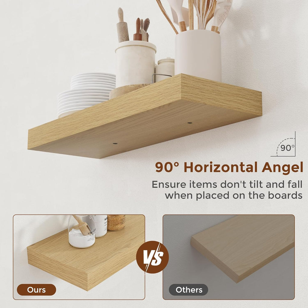 Heimlove 24 Inch Floating Shelves for Wall Oak Shelves Set of 2,Wall Mounted Rustic Wood 8 Inch Deep Floating Shelf with Invisible Brackets for Bedroom Kitchen Living Room