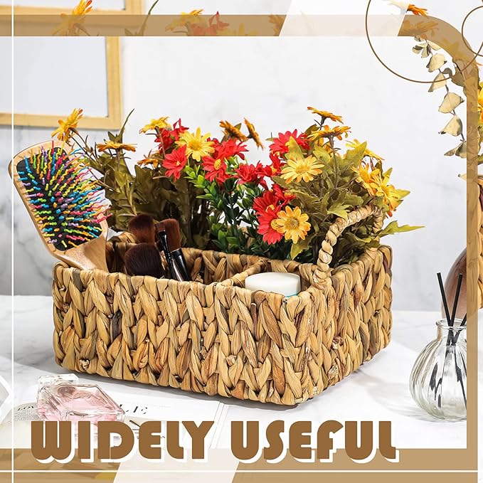 Glenmal Wicker Flatware Storage Basket Utensil Caddy Hand Woven Divided Cutlery Holder Kitchen Utensil Organizer Water Hyacinth Silverware Organizer with Handle for Countertop Party (Rectangular)