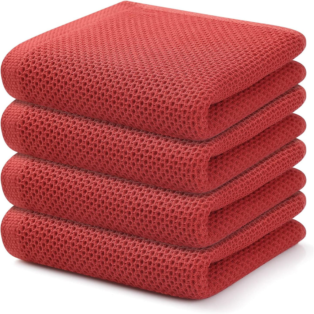 Kitinjoy 100% Cotton Waffle Weave Kitchen Towels, 4-Pack Super Soft and Absorbent Dish Towels for Drying Dishes, Kitchen Hand Towels, 13 in x 28 in, Brick Red