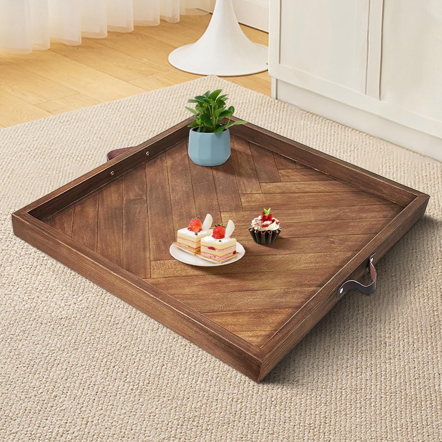 Tray for Ottoman 24 x 24 Inches, Square Ottoman Trays, Large Wooden Tray with Leather Handles, Food Serving Trays for Dinner, Breakfast, Snacks