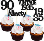 Gyufise 24Pcs Vintage 1935 Cupcake Toppers Glitter Cheers to 90 Fabulous Ninety Cupcake Picks 90th Birthday Wedding Anniversary Party Cake Decorations Supplies Black