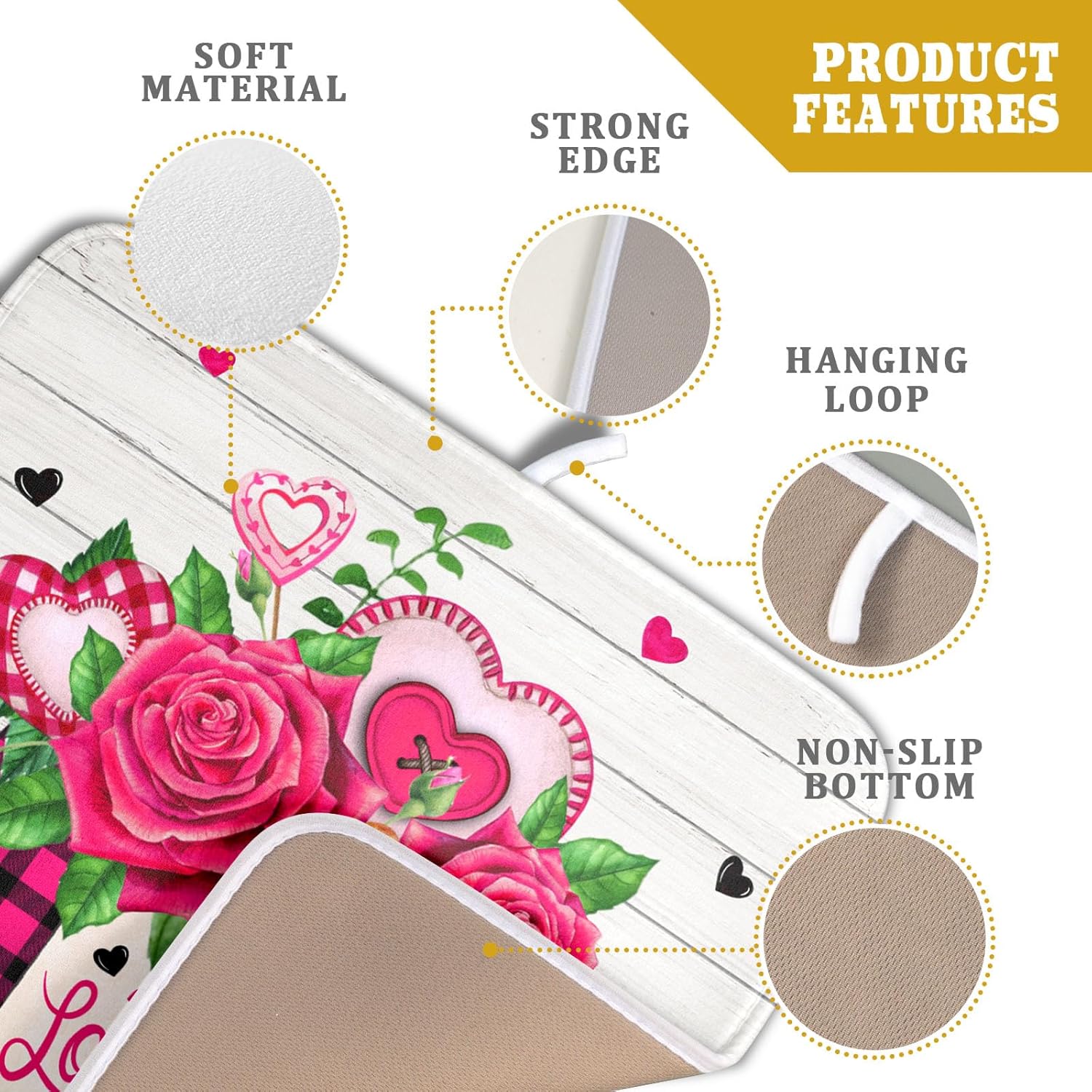 Valentine's Day Rose Flower Dish Drying Mat for Kitchen Counter,Mason Jar Pink Love Heart Drying Mat 16 x 18 Inch with High Absorbent Microfiber Drainer Mat for Coffee Bar