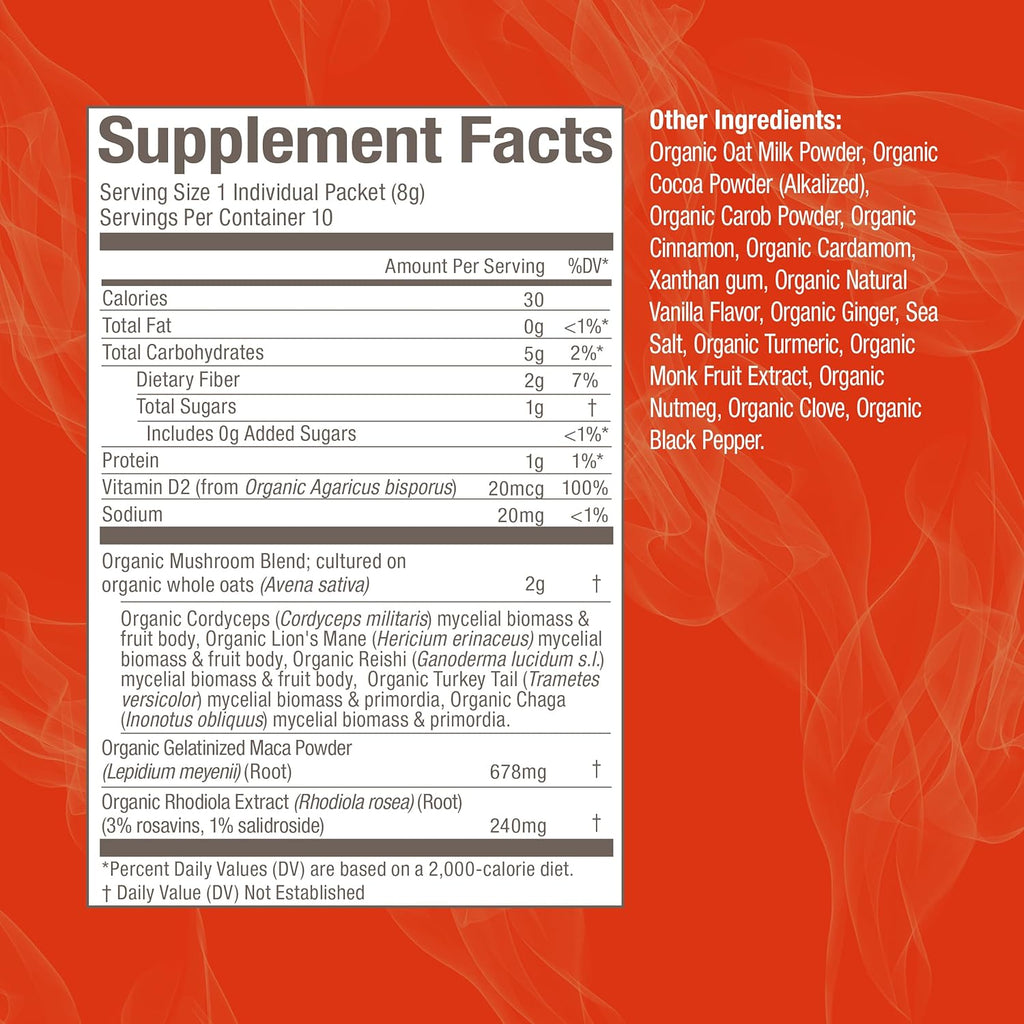 Om Mushroom Superfood Morning Energy Blend Mushroom Powder Drink, Single Serve, 10 Count, Coffee Free Energy Drink with Cordyceps, Vitamin D2, Agaricus Bisporus, Lion's Mane, Rhodiola, and Turkey Tail