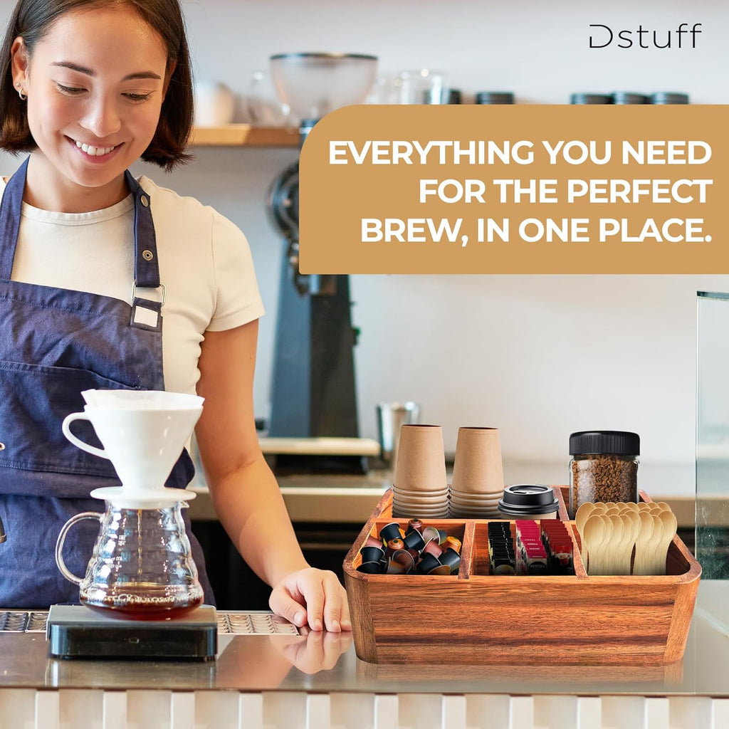 Dstuff Acacia Wood Coffee Station Organizer for Countertop, Tea Organizer and Holder, Coffee Bar Caddy with Multiple Compartments for Home and Office Decor