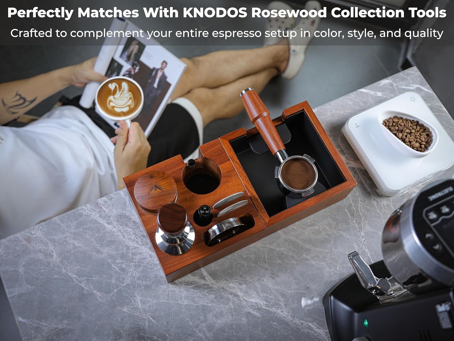 Rosewood Espresso Workstation – Wooden Tamping Station Organizer 54mm & Coffee Knock Box Kit | Barista Tool Holder & Coffee Puck Disposal Bin for Breville Machines