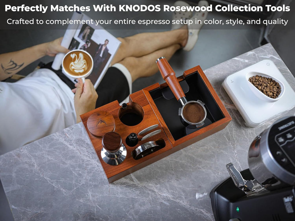 58mm Espresso Knock Box Set – Rosewood Tamping Station Organizer & Coffee Grounds Bin | Professional Espresso Accessories for 58mm Portafilter Machines