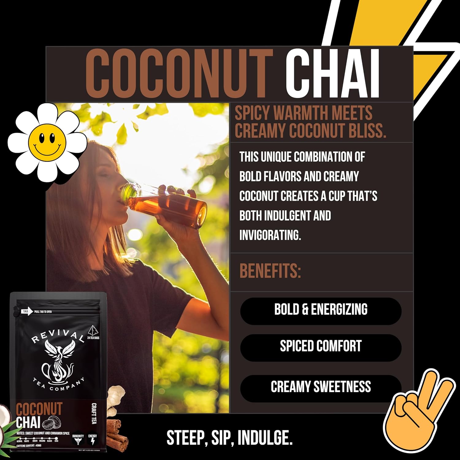Revival Tea Company Coconut Chai Tea - Black Tea Blend with Fresh Spiced Chai and Coconut Flavor - 24 Tea Bags