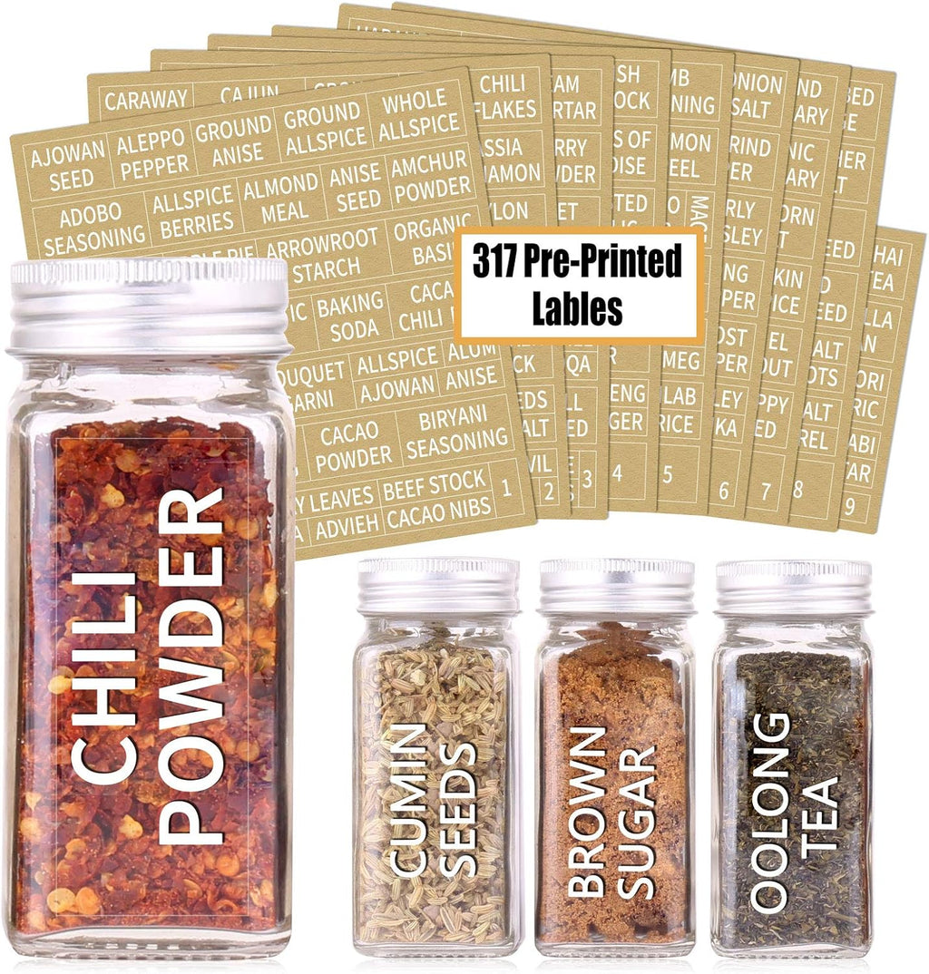 SWOMMOLY 48 Glass Spice Jars with 713 Spice Labels, Chalk Marker and Funnel Complete Set. 48 Square Glass Jars 4OZ, Airtight Cap, Pour/sift Shaker Lid