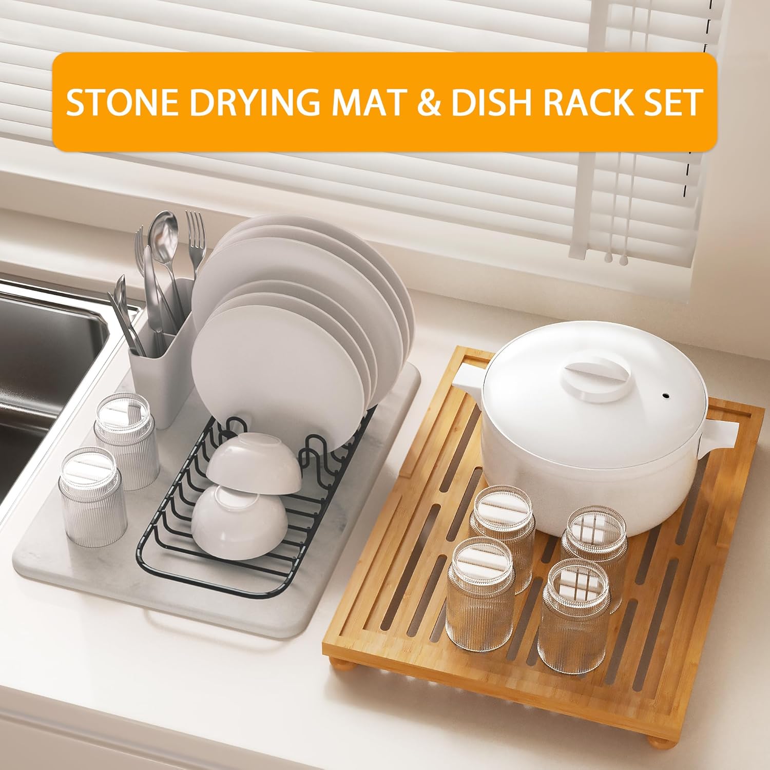 Golener Stone Drying Mat for Kitchen Counter, Dish Drying Pad with Bamboo Rack, Super Absorbent Diatomaceous Earth and Drying Rack, Multi-purpose Quick Drying Mat Rack for Kitchen,16”x12”,Marble White