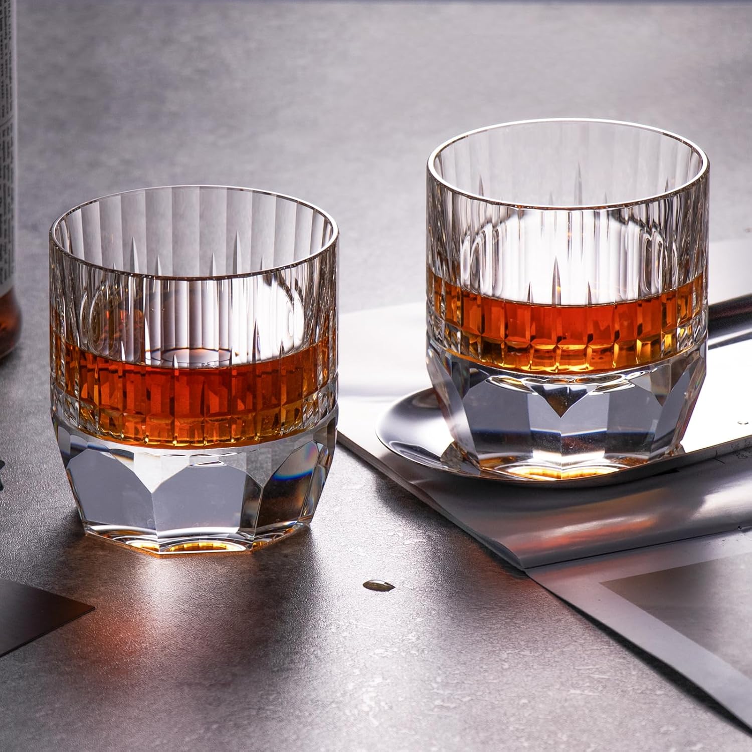 KAMMAK Crystal Whiskey Glasses Set of 2, 7.44oz Old Fashioned Glasses Stemless, Luxury Hand Blown White Cocktail Glasses, Handcrafted Cut Design Octagon Cup for Women, Men Gift for Bourbon