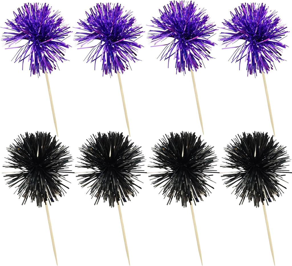 Ephlyn 30Pcs Foil Firework Cupcake Toppers Sparkle Tinsel Cupcake Picks Happy Birthday Cake Decorations Drink Stirrers Cocktail Food Toothpicks for Baby Shower Graduation Party Supplies Black Purple