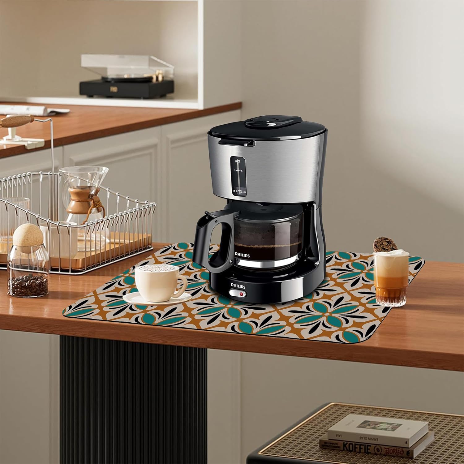 Dish Drying Mat Abstract Floral Kitchen Mat 12"x19" Bsorbent Coffee Maker Mat for Dishes,Utensils Coffee Maker Pots and Pans Easy Clean Dish Slip Resistant Pad