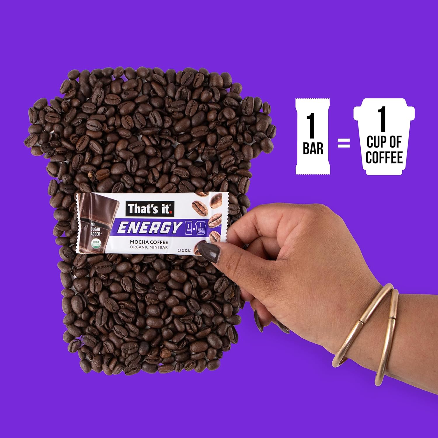 That’s it. Organic Energy Coffee Mini Bars - (1 Mini Bar = 1 Cup of Coffee) Grab and Go, No Added Sugars, Non-GMO, Caffeine Power Snack, Kosher, Allergy Friendly (Mocha Coffee - 15 Count)