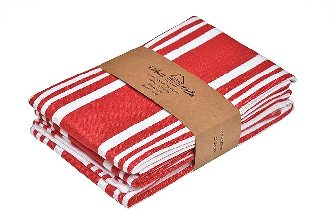 Urban Villa Kitchen Towels 100% Cotton Dish Towels for Kitchen (Set of 3) 20”x30” Dish Cloths Highly Absorbent Kitchen Linen Set with Hanging Loop Perfect for Drying Dishes Cleaning Towels-Red White