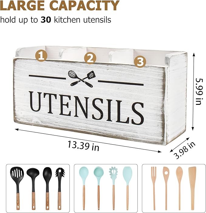 RedCall Wooden Kitchen Utensil Holder for Counter-top,Large Utensil Organizer for Storage Cooking Tool and Silverware,Extra Large Rustic Wood Container (Antique)