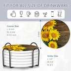 Table Coaster for Drinks Set of 6, Vintage Sunflower Wood Round Ceramic Coasters,with Cork Base and Metal Holder,Great Housewarming Birthday Gifts,Home Decor