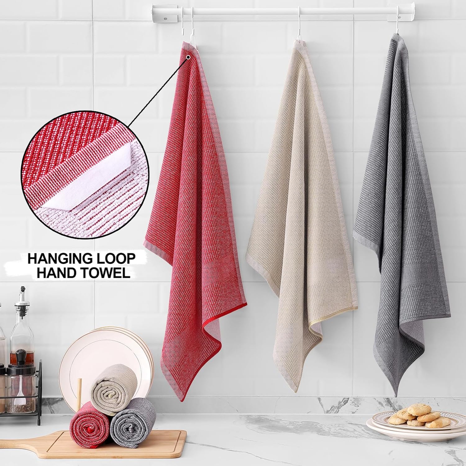 Homaxy Premium Kitchen Towels(18”x 28”, 6 Pack), Large Cotton Kitchen Hand Towels, Flat and Terry Dish Towels, 380 GSM Highly Absorbent Tea Towel Set with Hanging Loop, Red/Grey/Khaki