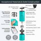 Manual Coffee Grinder by Alpaca Ventures - Stainless Steel Conical Burr Coffee Grinder Manual with Adjustable Setting Double Bearing Hand Espresso Grinder Perfect for Home, Office and Camping