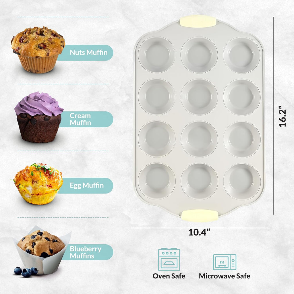 Boxiki Kitchen 12 Cups Ceramic Coated Muffin Pan for Baking - Durable Steel Frame Cupcake Pan w/Nonstick Surface - Professional Muffin Tray with Silicone Handles