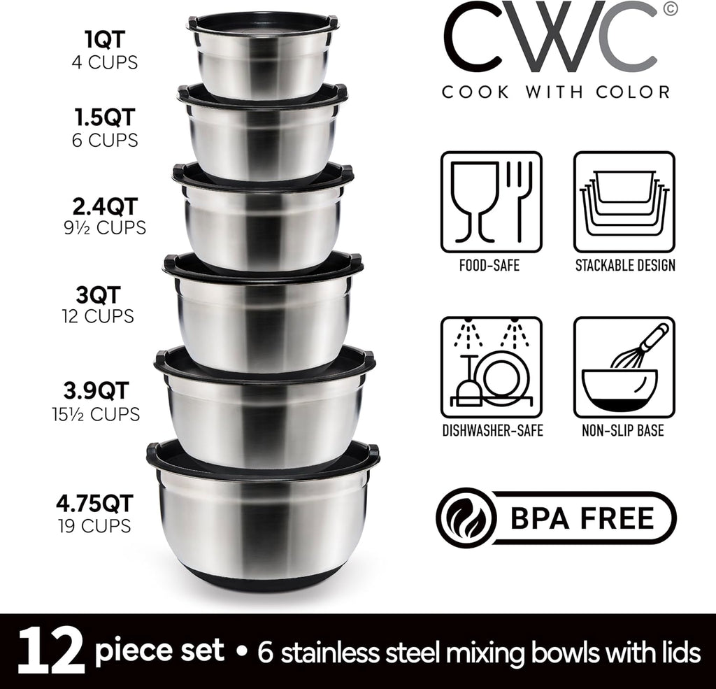 COOK WITH COLOR Stainless Steel Mixing Bowls Set with Lids - Nesting Bowls with Non-Slip Bottom, Black, 12 Pieces