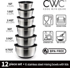 COOK WITH COLOR Stainless Steel Mixing Bowls Set with Lids - Nesting Bowls with Non-Slip Bottom, Black, 12 Pieces
