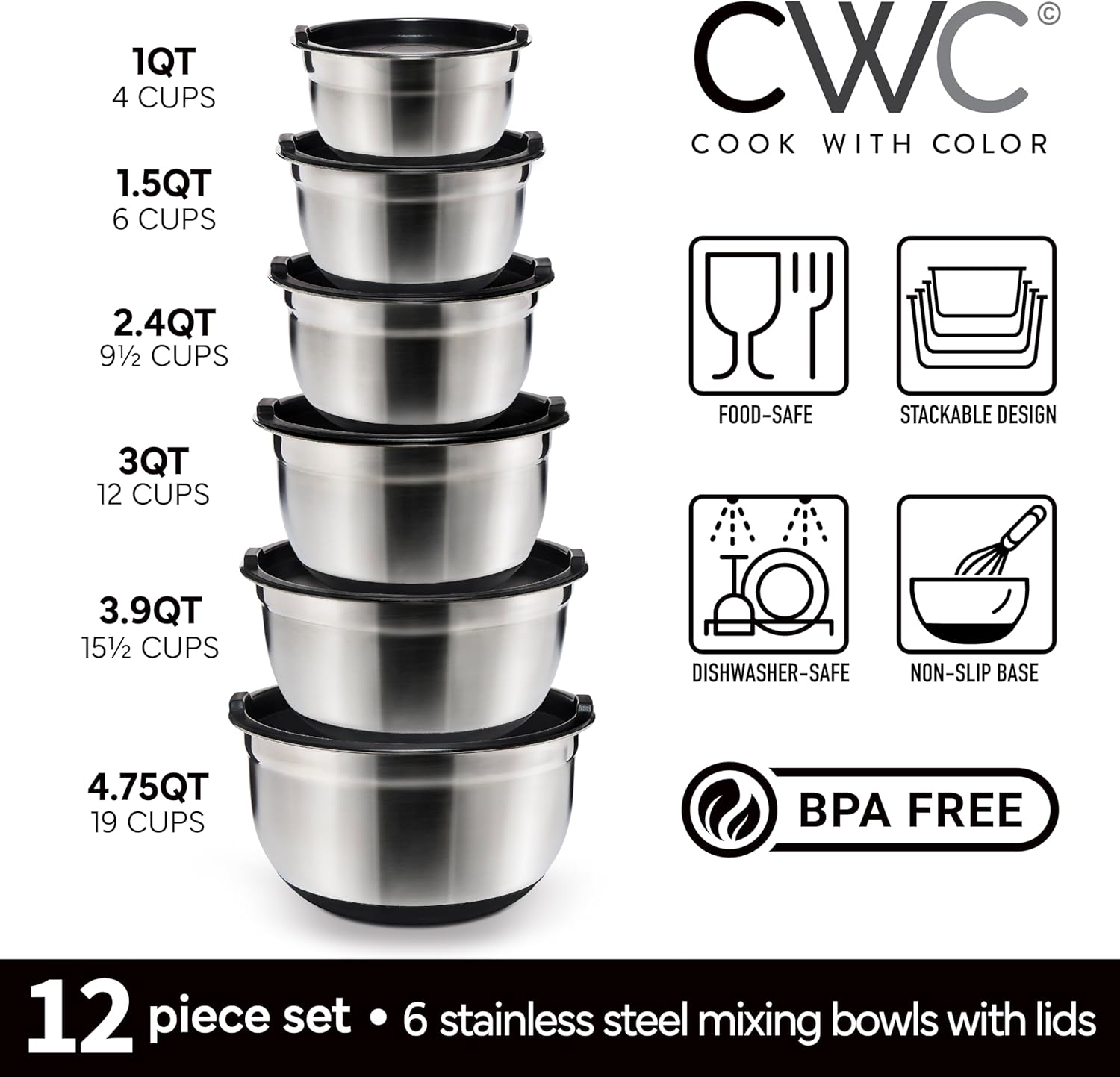 COOK WITH COLOR Stainless Steel Mixing Bowls Set with Lids - Nesting Bowls with Non-Slip Bottom, Black, 12 Pieces