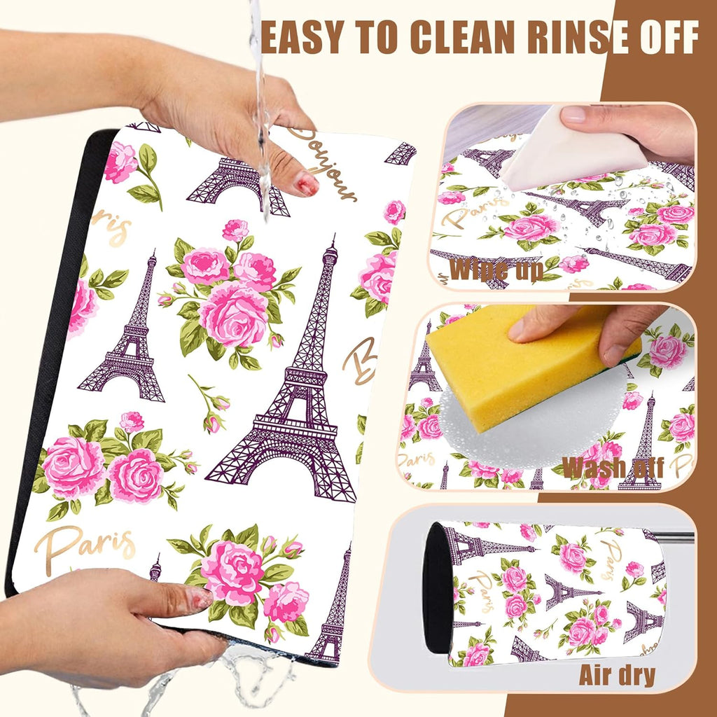 Eiffel Tower with Pink Rose Coffee Mat Absorbent Dish Drying Mat for Kitchen Counter Hide Stain Rubber Backed Coffee Bar Accessories Fit Under Espresso Machine Dish Drainer 11.8 x 19.7 Inch